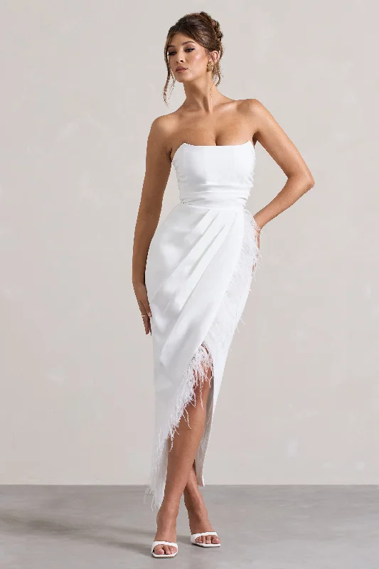 Chosen | White Bandeau Wrap Maxi Dress With Feather Trim Classic Solid Maxi Dress