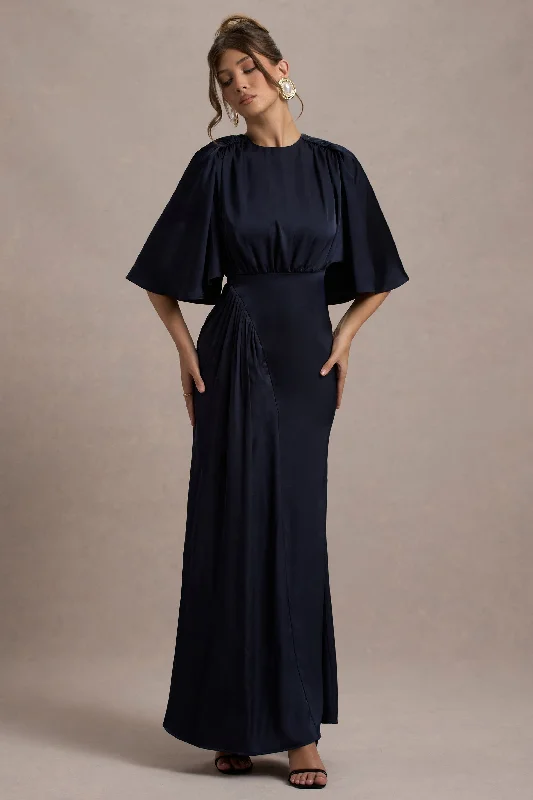 Cinder | Navy Satin Gathered Maxi Dress Stylish Empire Waist Maxi Dress