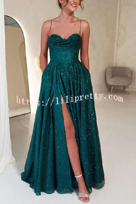 Cinderella Glitter Tulle Fabric Cowl Neck Back Lace-up Pocketed Slit Maxi Dress Comfortable Ruffle Maxi Dress