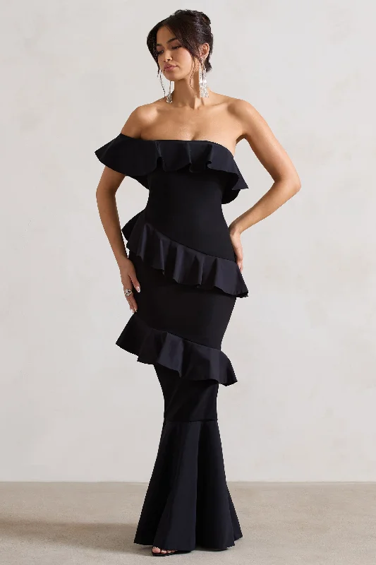 Cinematic | Black Bardot Ruffled Fishtail Maxi Dress Fashionable Sleeveless Maxi Dress