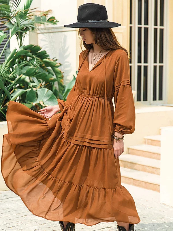 CLAIRE Maxi Dress - Tan Elegant Maxi Dress with Pockets