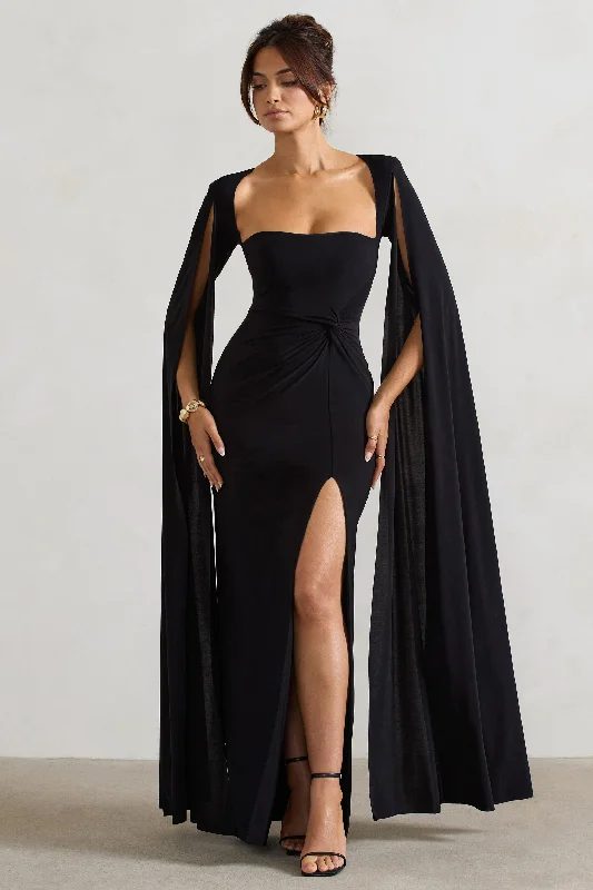 Claretta | Black Square Neck Twisted Maxi Dress With Cape Sleeves Elegant Velvet Maxi Dress