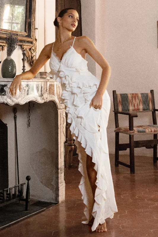 Clematis | White Lace Strappy Ruffled Maxi Dress Elegant Maxi Dress with Pockets