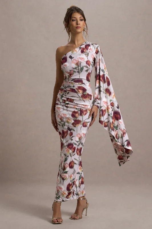 Clementina | Cream Floral Print Asymmetric Cape Sleeve Maxi Dress Elegant Velvet Maxi Dress