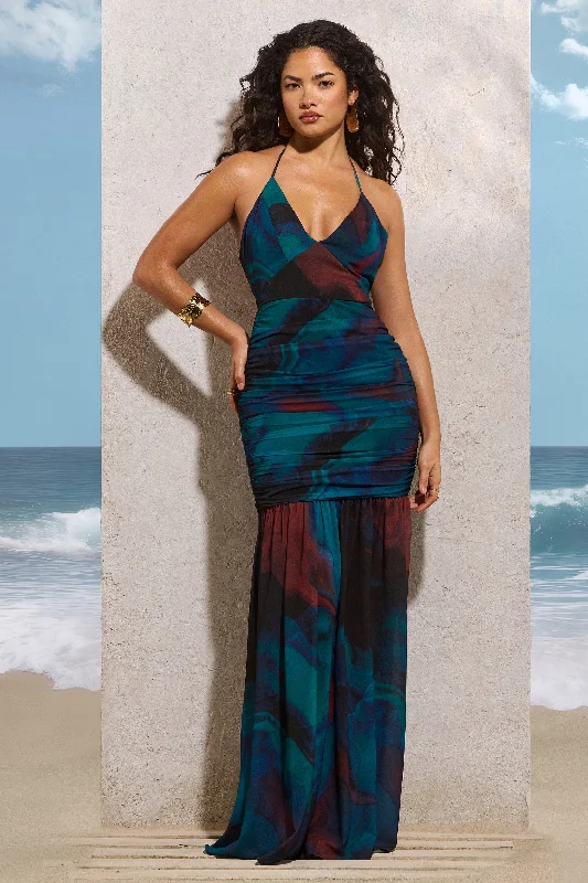 Clio | Blue Print Halter-Neck Chiffon Fishtail Maxi Dress Chic Boho Print Maxi Dress