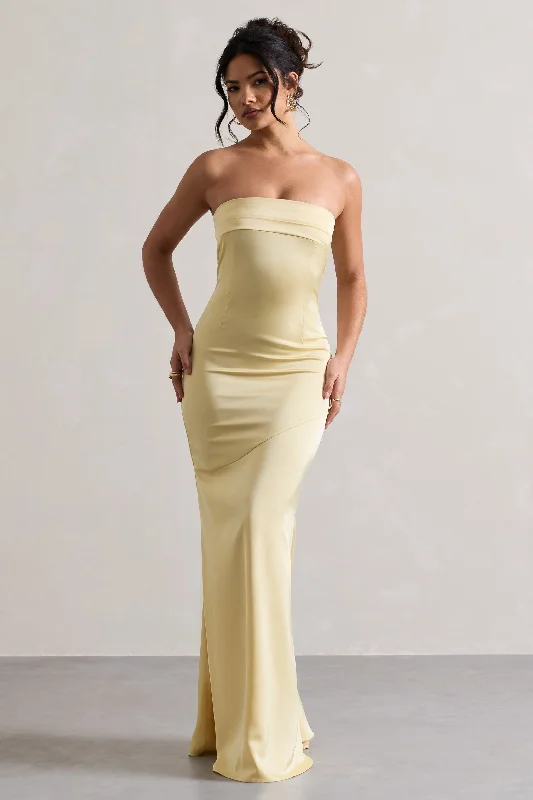 Colada | Lemon Satin Pleated Bandeau Maxi Dress Trendy Printed Maxi Dress