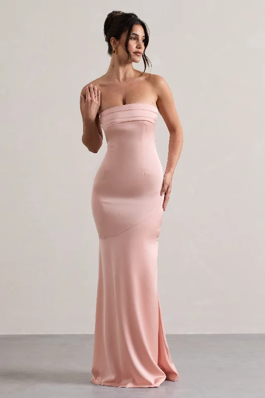 Colada | Pink Satin Pleated Bandeau Maxi Dress Elegant Tiered Maxi Dress