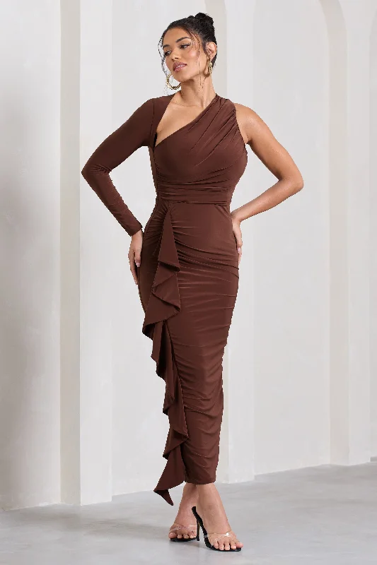 Compass | Brown One-Sleeved Cut-Out Maxi Dress With Ruffle Trendy Maxi Dress with Straps