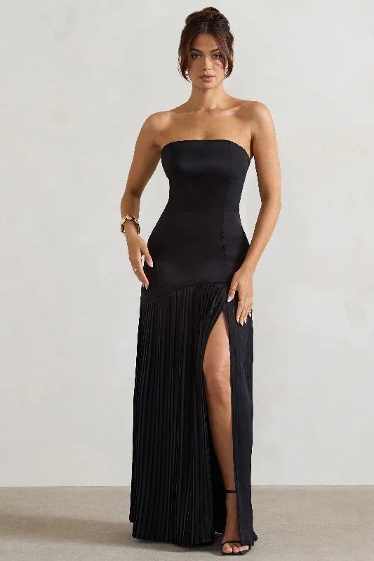Confidence | Black Satin Bandeau Pleated Split Maxi Dress Trendy Maxi Dress with Belt