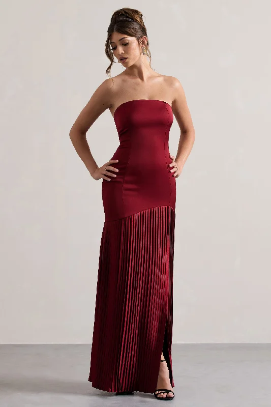 Confidence | Burgundy Satin Bandeau Pleated Split Maxi Dress Fashionable Halter Neck Maxi Dress