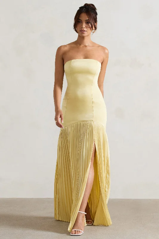 Confidence | Lemon Satin Bandeau Pleated Split Maxi Dress Elegant Maxi Dress with Drapes