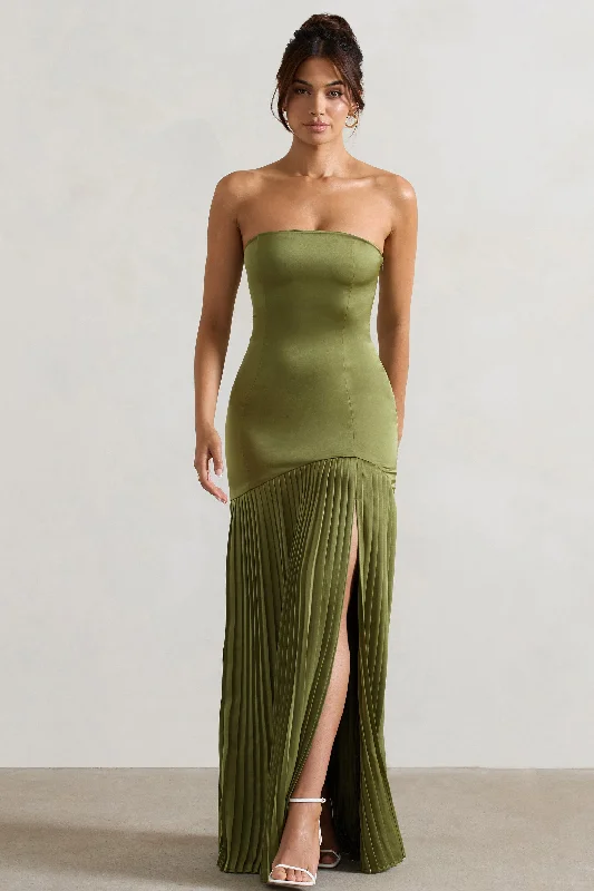 Confidence | Olive Satin Bandeau Pleated Split Maxi Dress Chic Sleeveless Maxi Dress