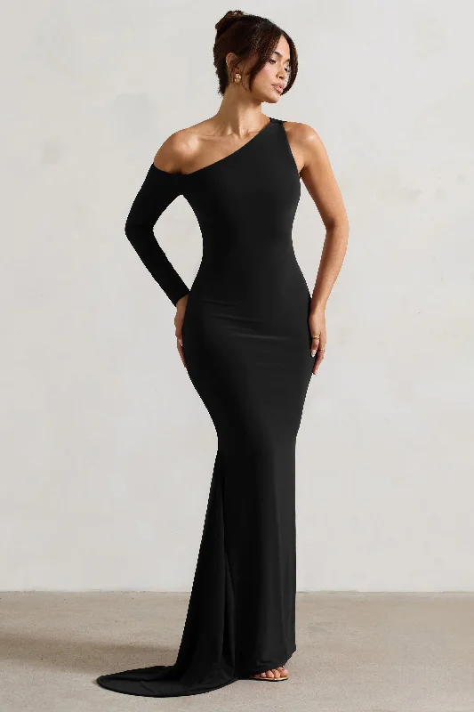 Contradiction | Black One-Sleeve Asymmetric Maxi Dress Chic Button-Up Maxi Dress