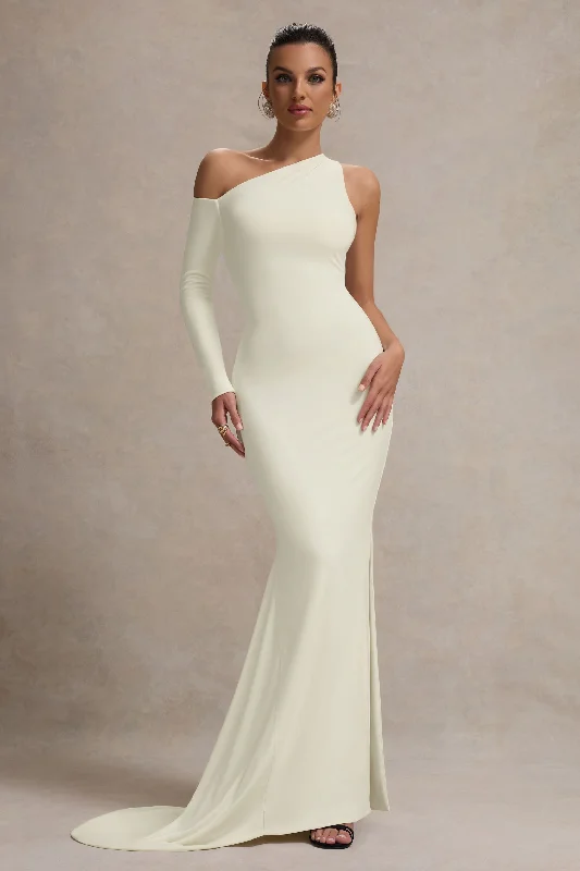 Contradiction | Cream One-Sleeve Asymmetric Maxi Dress Fashionable Faux Wrap Maxi Dress