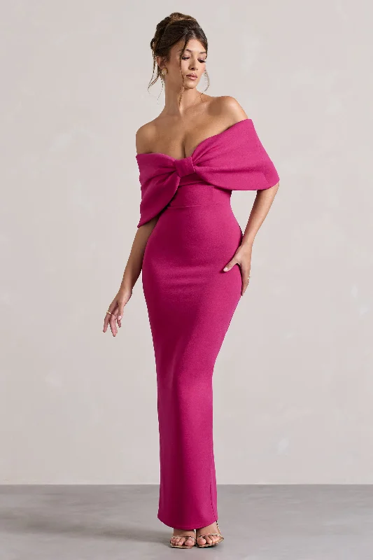 Cornelia | Hot Pink Strapless Maxi Dress With Oversized Bow Chic Sleeveless Maxi Dress