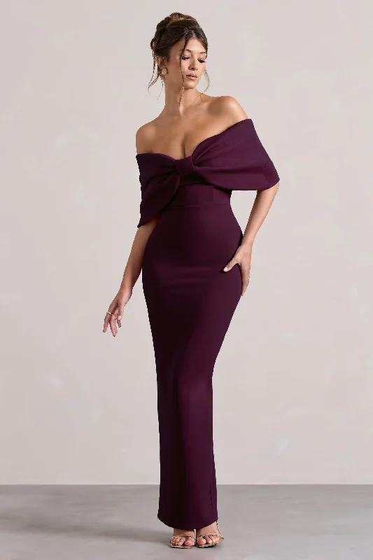 Cornelia | Plum Strapless Maxi Dress With Oversized Bow Elegant Pleated Maxi Dress