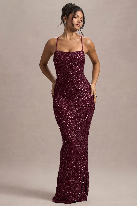 Cosmic | Berry Sequin Square-Neck Strappy Maxi Dress Stylish Empire Waist Maxi Dress