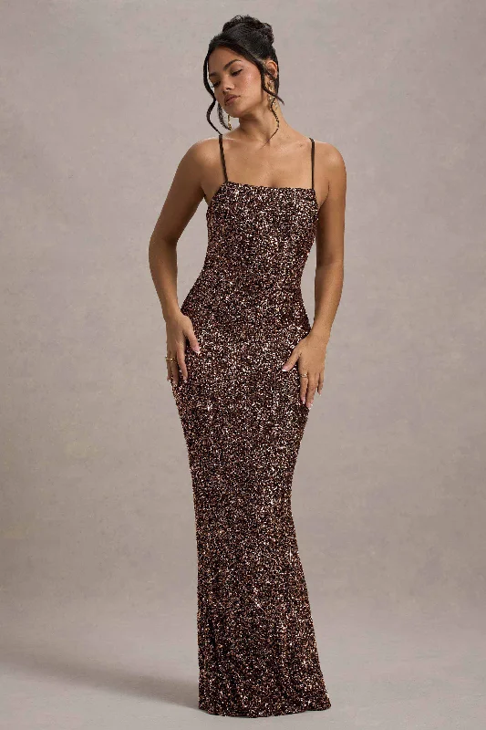 Cosmic | Bronze Sequin Square-Neck Strappy Maxi Dress Comfortable Satin Maxi Dress