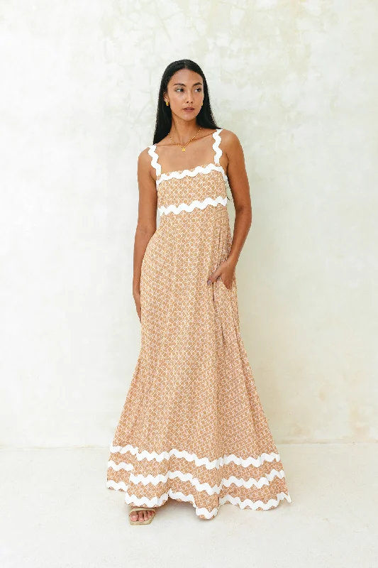 Cyra Beige Geo Ric Rac Maxi Dress Stylish A-Line Maxi Dress