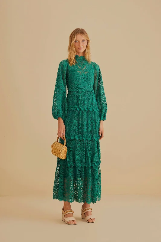 Dark Green Guipure Long Sleeve Maxi Dress Trendy Floral Print Maxi Dress
