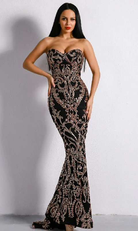 Dashing Diva Gold Black Sequin Ornate Pattern Strapless Sweetheart Neck Maxi Dress Chic Boho Print Maxi Dress
