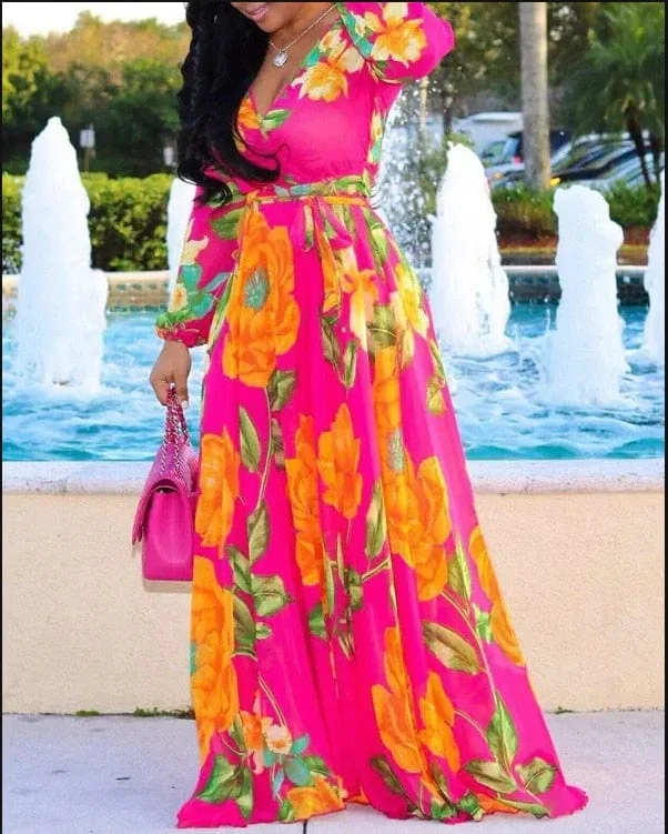 Deep V Tropical Print Belt Warp Maxi Dress Comfortable Long-Sleeve Maxi Dress