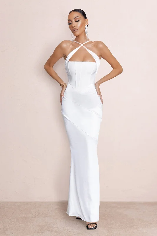 Dulcet | White Cross Over Neck Corset Maxi Dress Comfortable T-Shirt Maxi Dress
