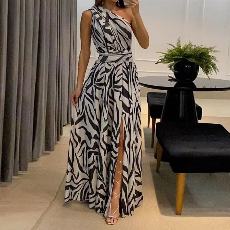 Women Maxi Dress Summer Fashion One Shoulder Sleeveless Slit Backless Nipped Waist Long Skirt Party Evening Dresses Comfortable Ruffle Maxi Dress