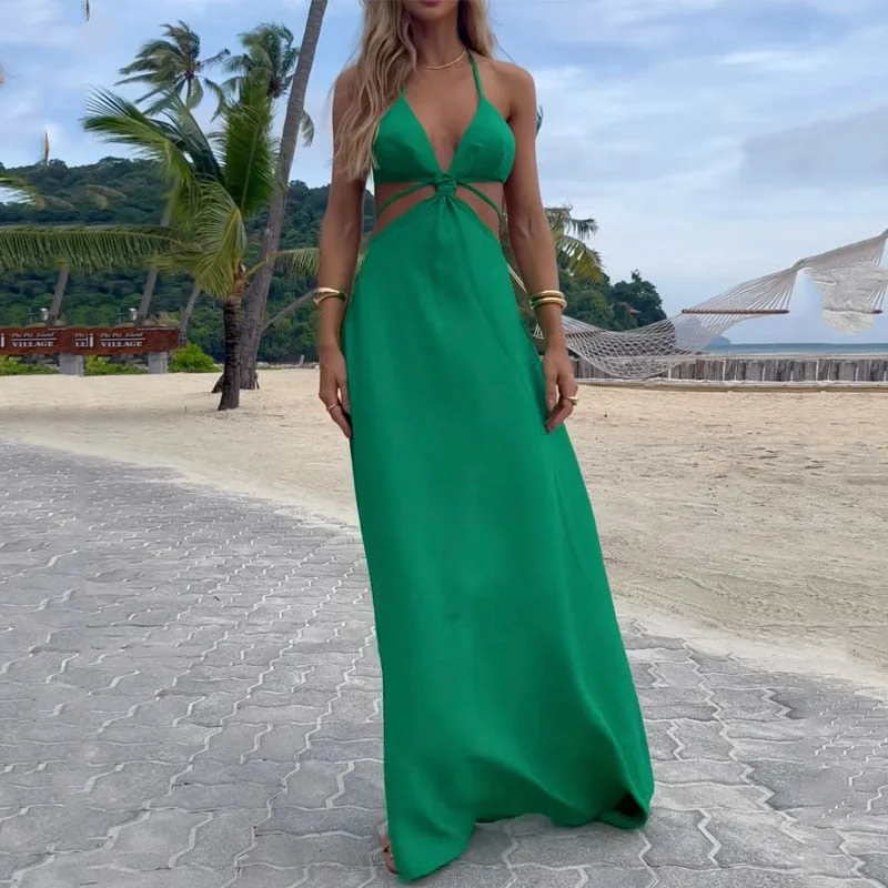 Women Maxi Dress Summer Sexy Casual Halter Sleeveless Backless Hollow Out Solid Lace Up V Neck Open Waist Beach Dresses Comfortable Cotton Maxi Dress