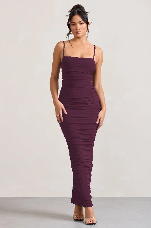 Ellis | Plum Ruched Mesh Strappy Bodycon Maxi Dress Cozy Spaghetti Strap Maxi Dress