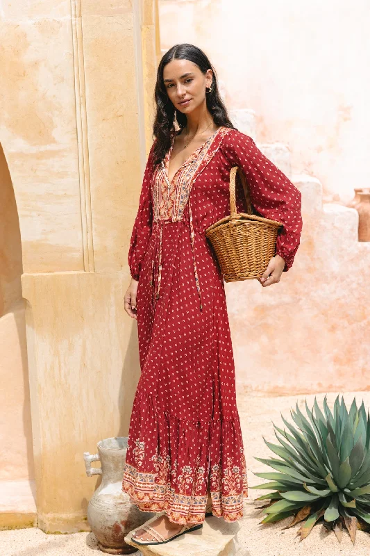 Ember Red Boho Button Down Maxi Dress Stylish V-Neck Maxi Dress