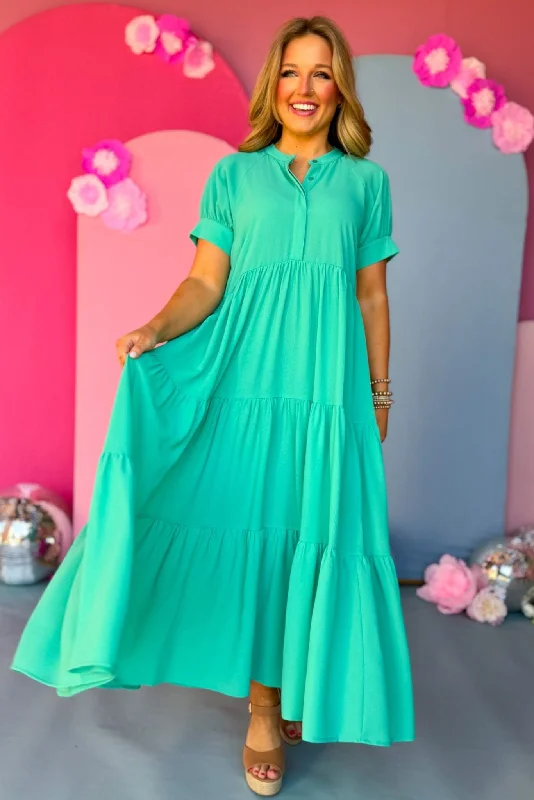 Emerald Button Front Tiered Short Sleeve Maxi Dress Stylish Maxi Dress with Frills