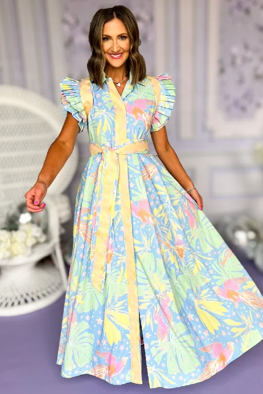Emily McCarthy Blue Multi Print Classic Collar Pleated Ruffle Sleeve Maxi Dress Fashionable Sheer Maxi Dress