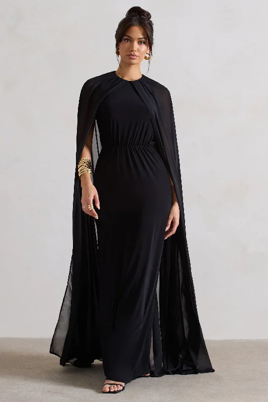 Envy | Black Gathered Maxi Dress With Chiffon Cape Comfortable Pleated Maxi Dress