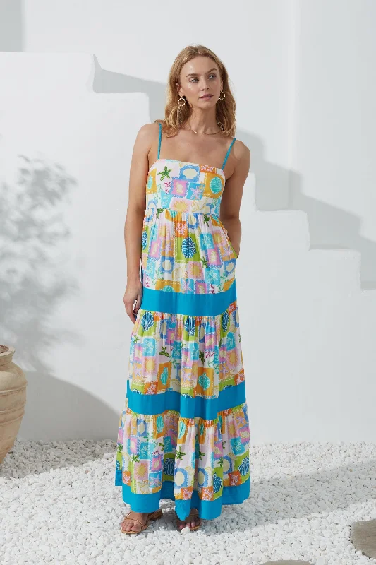 Erinne Blue Shells Abstract Tiered Maxi Dress Comfortable Ruffle Maxi Dress