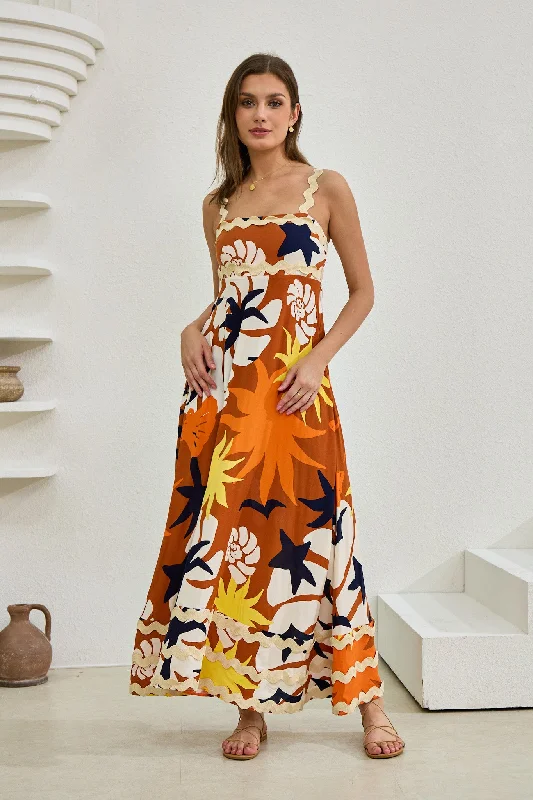Esmeralda Orange Abstract Ric Rac Maxi Dress Comfortable Fitted Maxi Dress