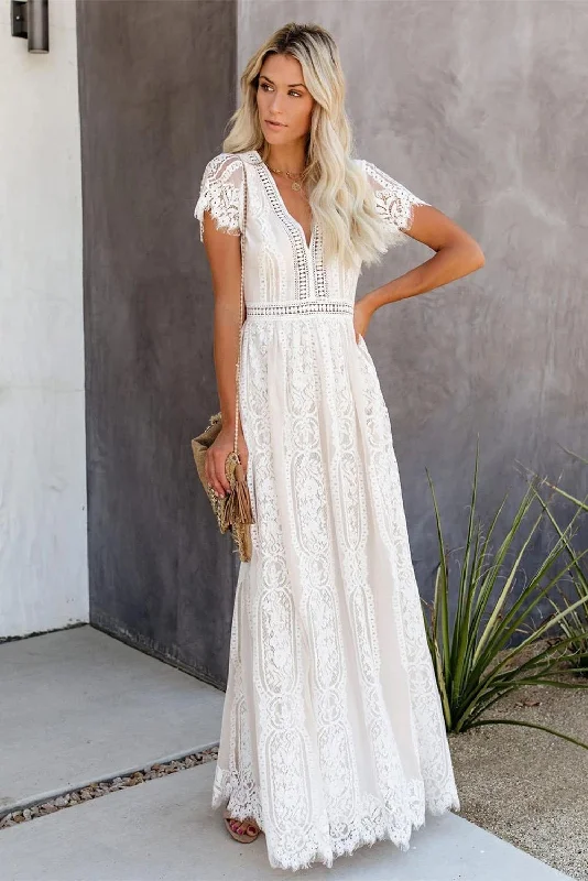 KaleaBoutique Beautiful White Fill Your Heart Lace Maxi Dress Cozy Maxi Dress with Slit