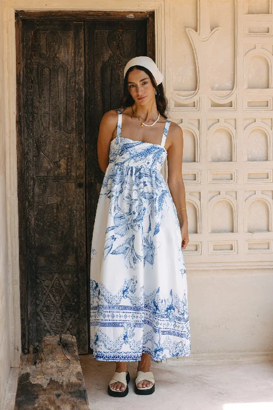 Fleur Blue Boho Tropical Maxi Dress Elegant Pleated Maxi Dress