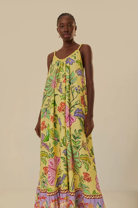 Yellow Floral Insects Maxi Dress Elegant Pleated Maxi Dress