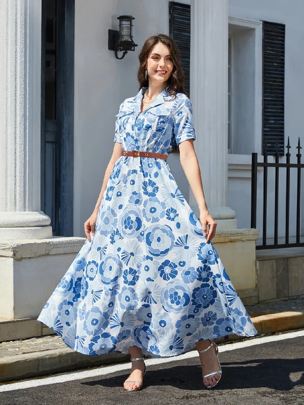 Floral Print Lapel Collar Short Sleeve Maxi Dress Chic Summer Floral Maxi Dress