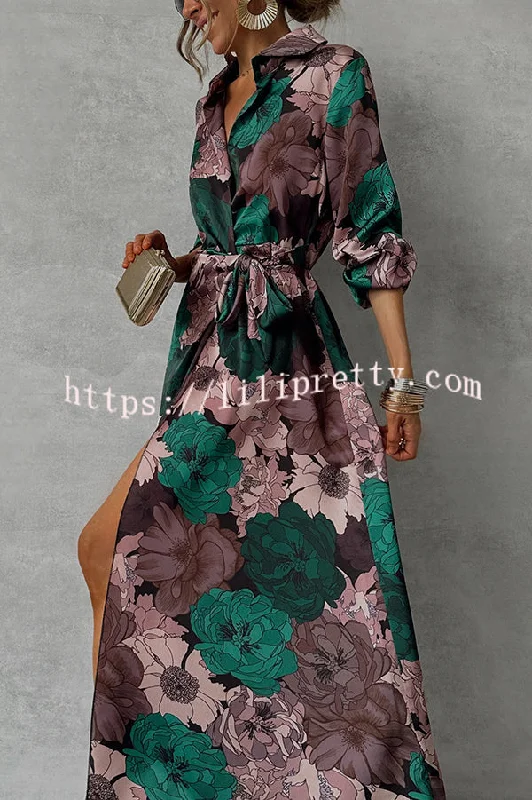 Floral Print Lapel Waisted Lace-up Long-sleeve Maxi Dress Trendy Maxi Dress with Straps