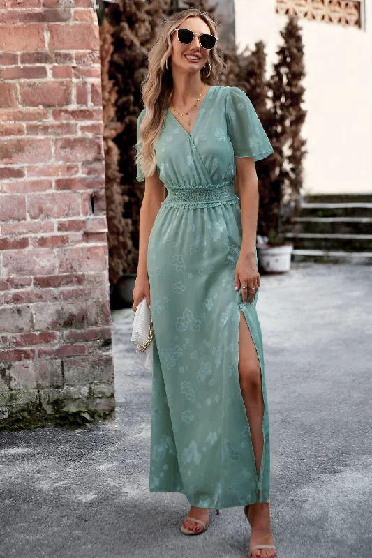 Floral Print V-Neck Smocked Waist High Slit Maxi Dress Fashionable Printed Maxi Dress