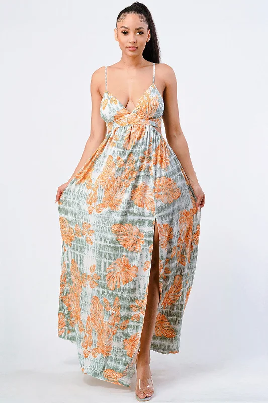 Floral Printed Side Slit Maxi Dress Trendy Satin Maxi Dress