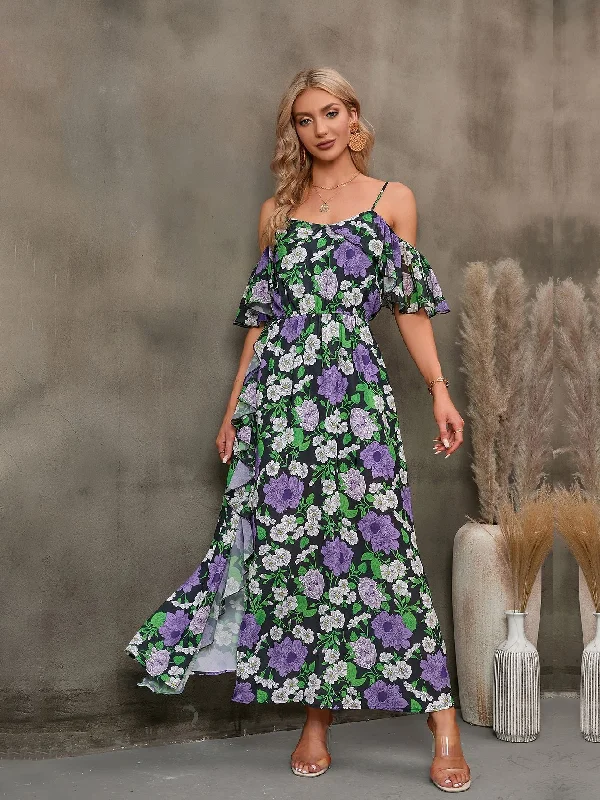 Floral Spaghetti Strap Cold-Shoulder Slit Maxi Dress Classic Solid Maxi Dress