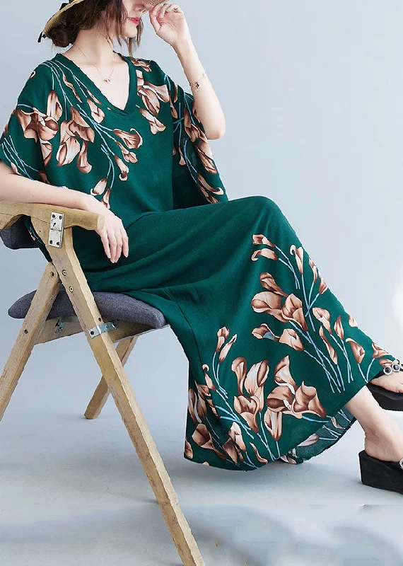 French Blackish Green V Neck Print Cotton Loose Maxi Dress Batwing Sleeve Elegant Floral Maxi Dress