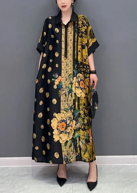 French Colorblock Peter Pan Collar Print Silk Maxi Dresses Summer Comfortable Long-Sleeve Maxi Dress
