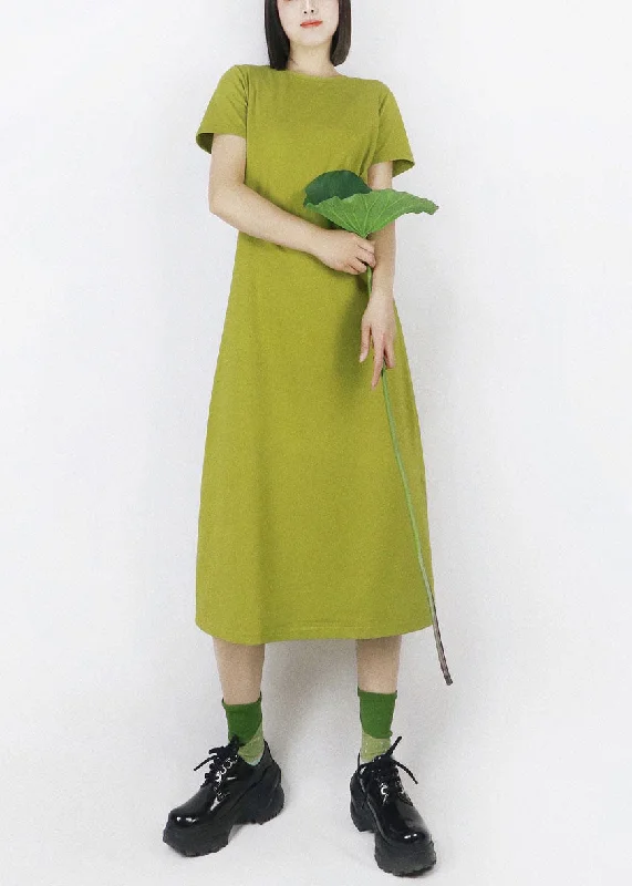 French Green O-Neck Oversized Solid Color Cotton Maxi Dress Half Sleeve Classic V-Neck Maxi Dress