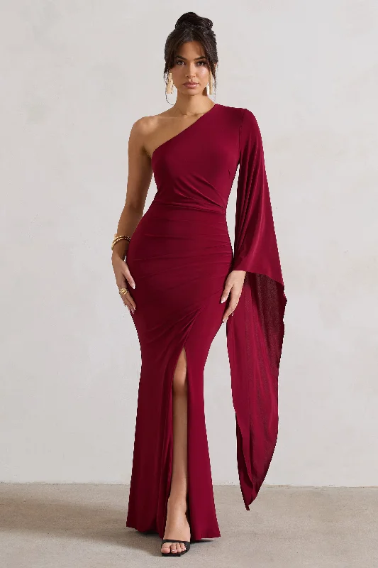 Giada | Berry Ruched One Shoulder Cape Sleeve Maxi Dress Comfortable Ruffle Hem Maxi Dress