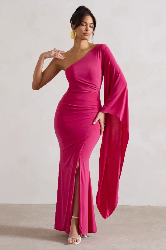 Giada | Dark Pink Ruched One Shoulder Cape Sleeve Maxi Dress Trendy Floral Print Maxi Dress