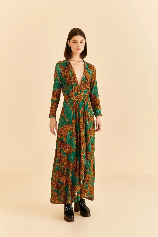 Green Artsy Leopards Long Sleeve Maxi Dress Stylish Empire Waist Maxi Dress